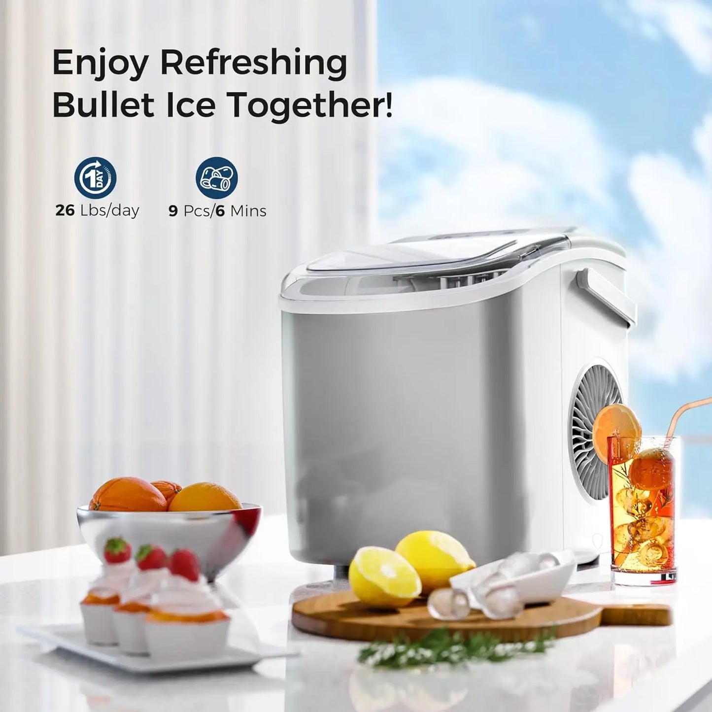Portable Ice Maker 26Lbs/Day - 9 Bullet Ice in 7 Mins