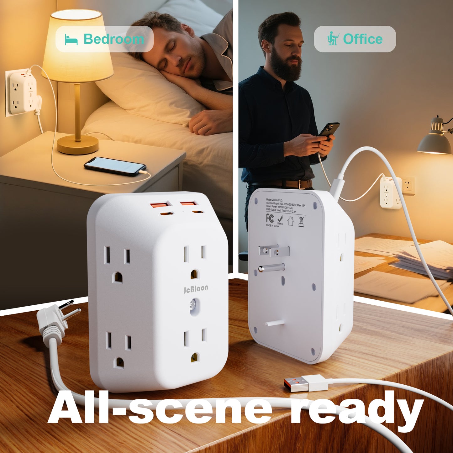 US Plug Power Strip Multitap With 6 Outlets and 2 USB-A &2 Type-c,4-Side Design Wall Charger for Home Travel Office Kitchen