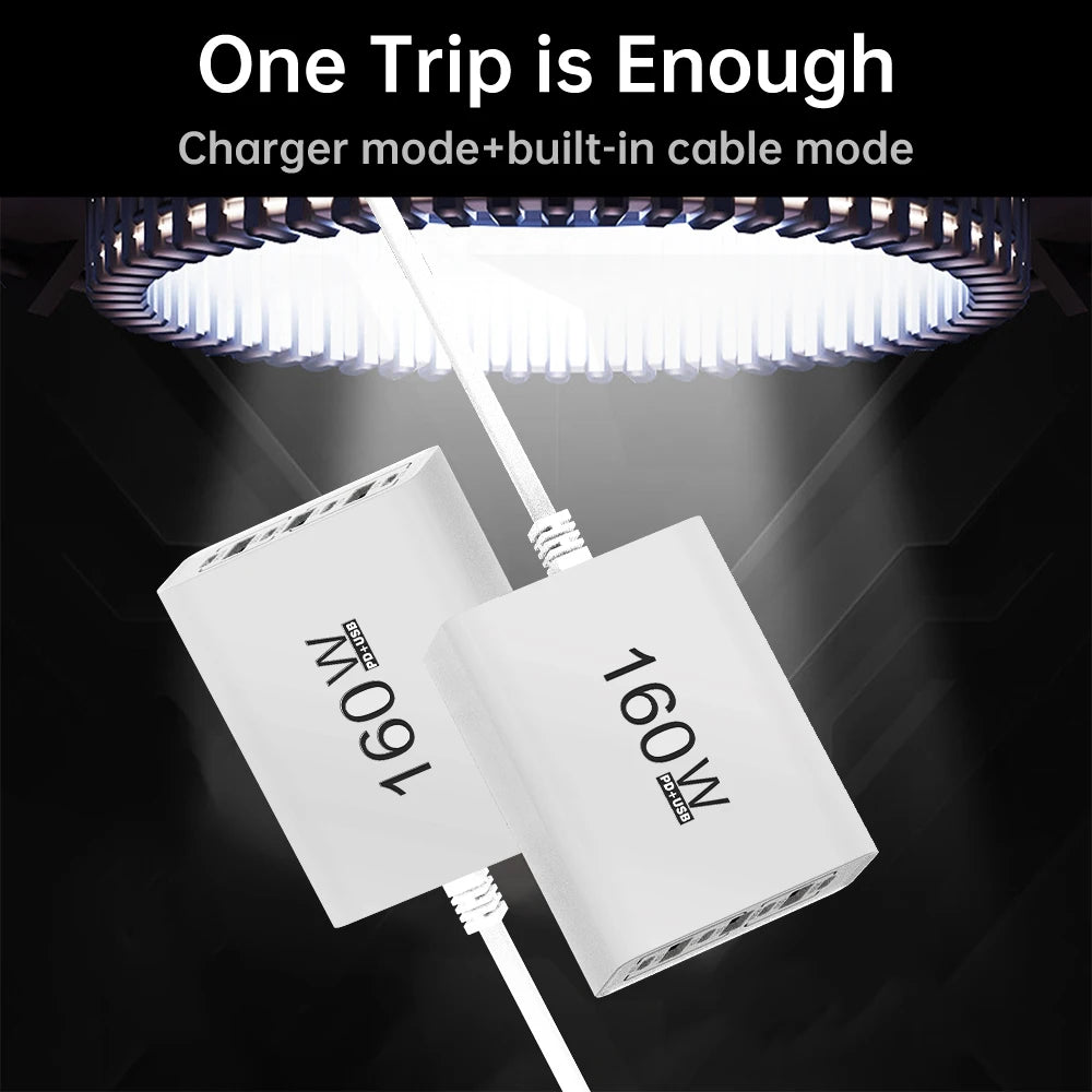 160W 6 Port USB Charger Fast Charging PD QC3.0 USB C Phone Charger USB Hub Adapter For iPhone Samsung Huawei Xiaomi Wall Charger