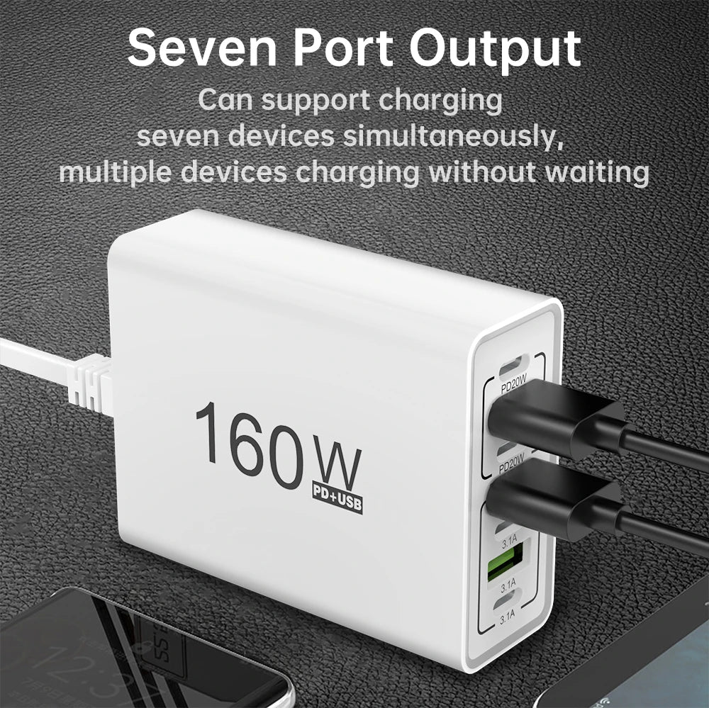160W 6 Port USB Charger Fast Charging PD QC3.0 USB C Phone Charger USB Hub Adapter For iPhone Samsung Huawei Xiaomi Wall Charger