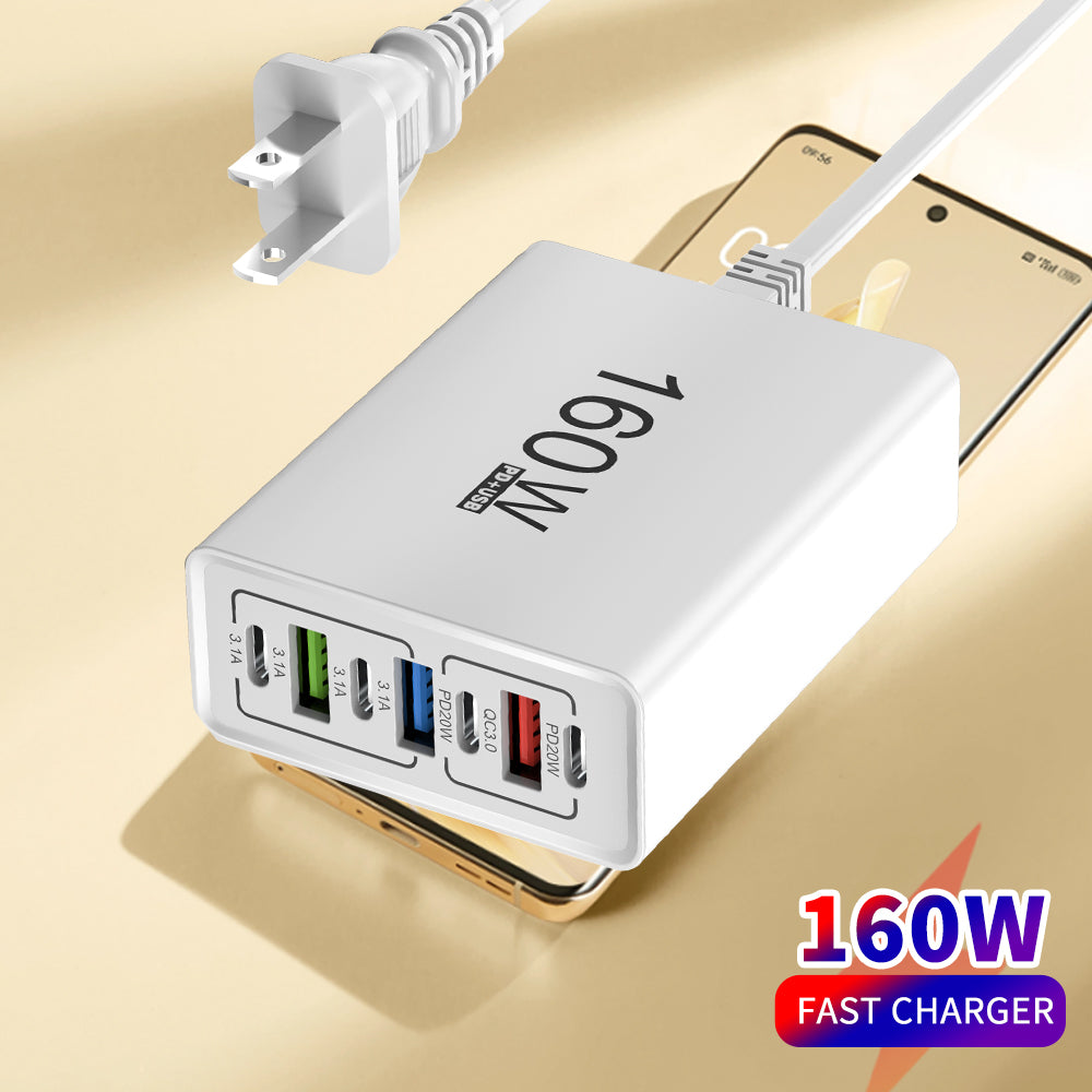 160W 6 Port USB Charger Fast Charging PD QC3.0 USB C Phone Charger USB Hub Adapter For iPhone Samsung Huawei Xiaomi Wall Charger