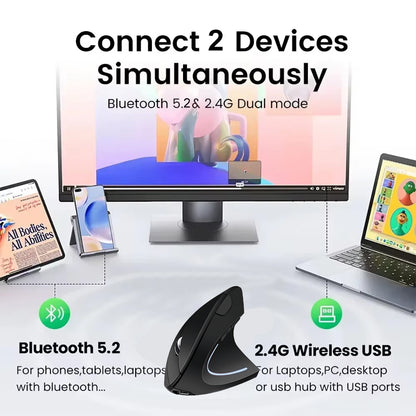Bluetooth 5.2 Mouse 2.4G Wireless Mouse Dual Mode Vertical Mouse Rechargeable Mice Silent Mouse 1600 DPI for PC Laptop Desktop
