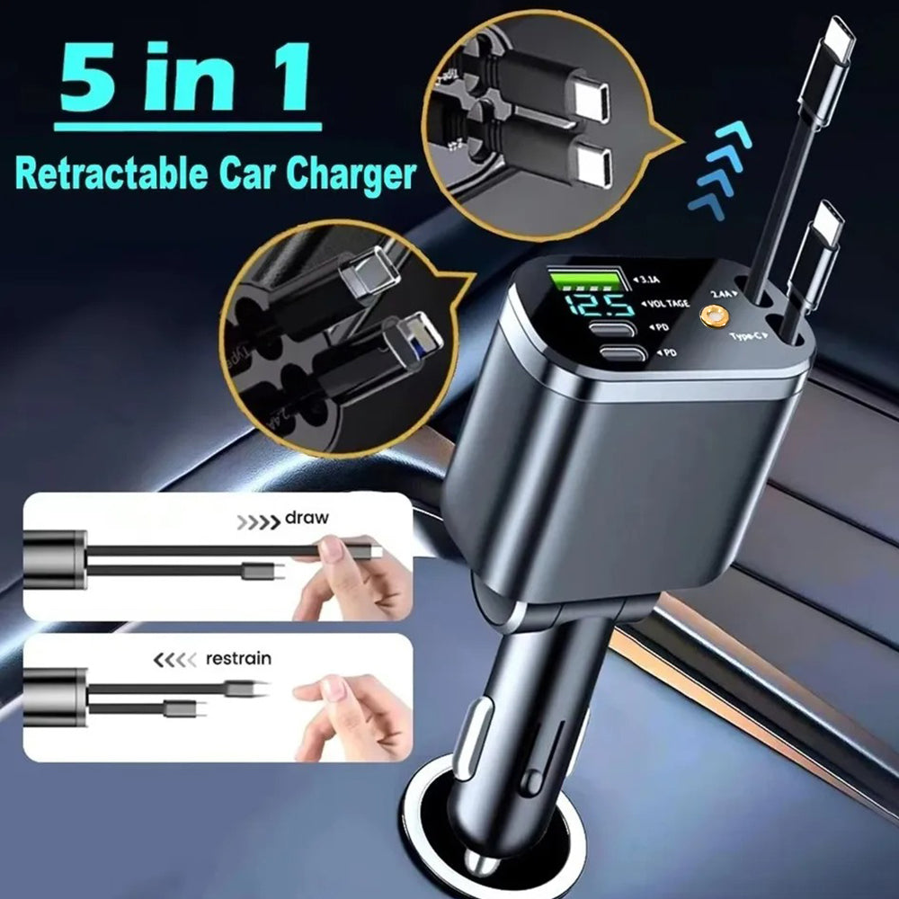 120W Car Charger 5IN1 Retractable Fast Adapter for iPhone Samsung