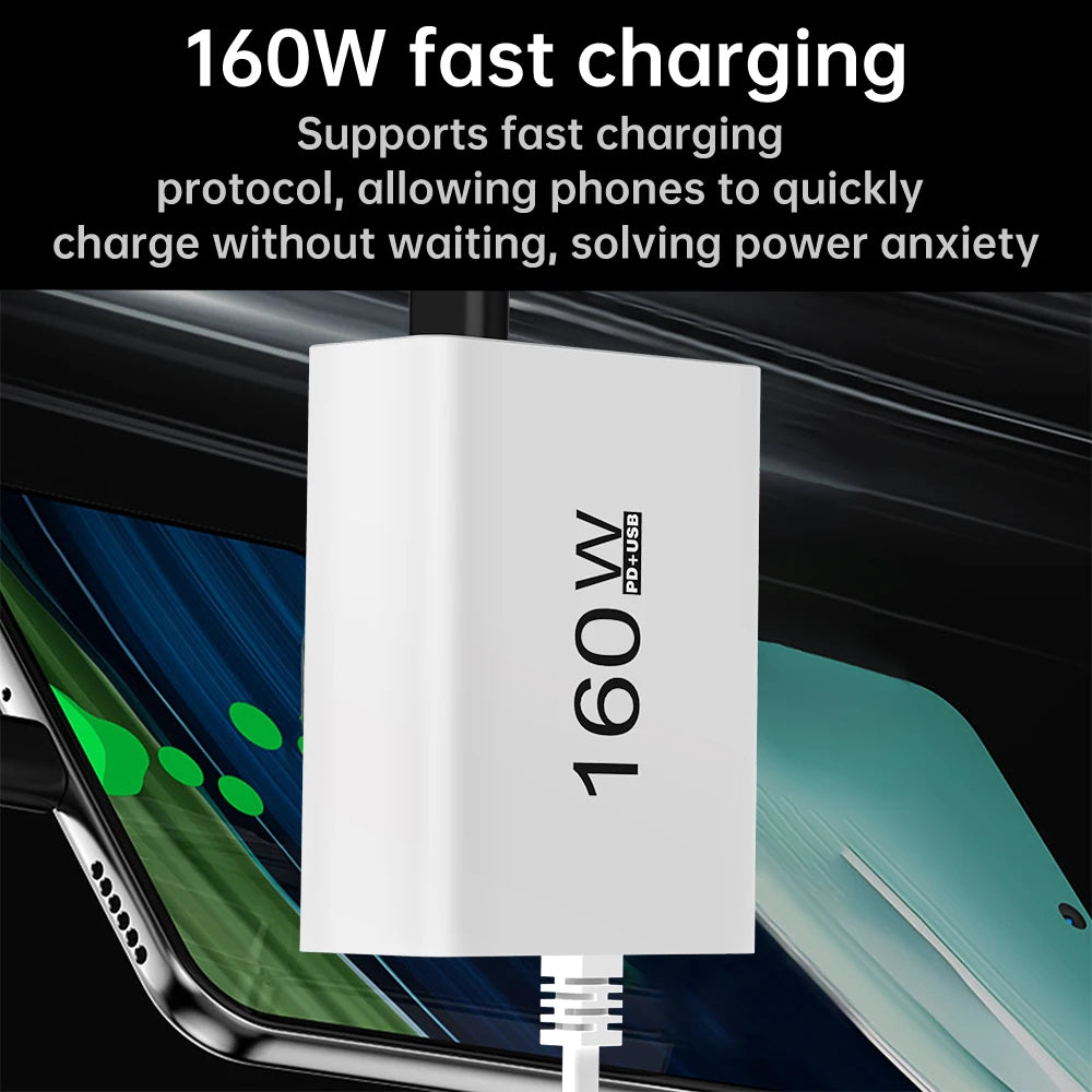 160W 6 Port USB Charger Fast Charging PD QC3.0 USB C Phone Charger USB Hub Adapter For iPhone Samsung Huawei Xiaomi Wall Charger