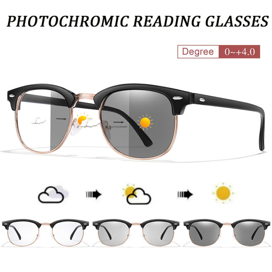 Photochromic Reading Glasses - Metal Half Frame, Anti-Blue Light