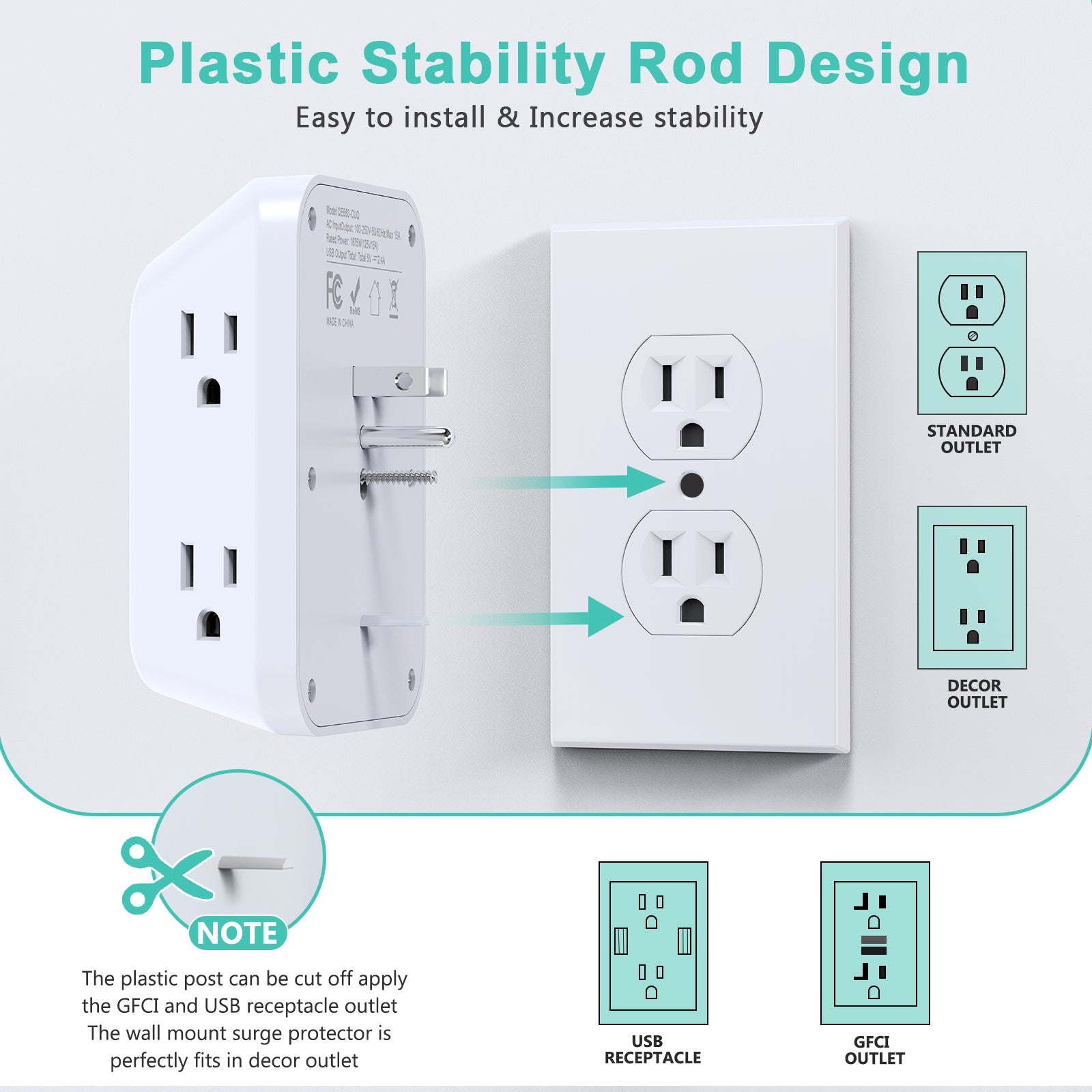 US Plug Power Strip Multitap With 6 Outlets and 2 USB-A &2 Type-c,4-Side Design Wall Charger for Home Travel Office Kitchen