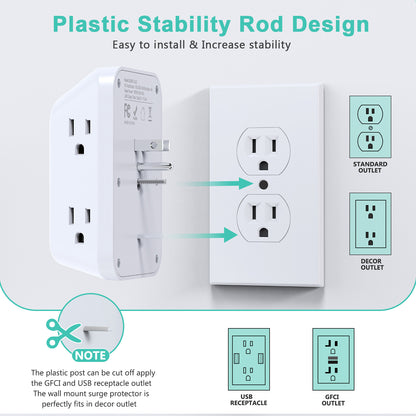 US Plug Power Strip Multitap With 6 Outlets and 2 USB-A &2 Type-c,4-Side Design Wall Charger for Home Travel Office Kitchen