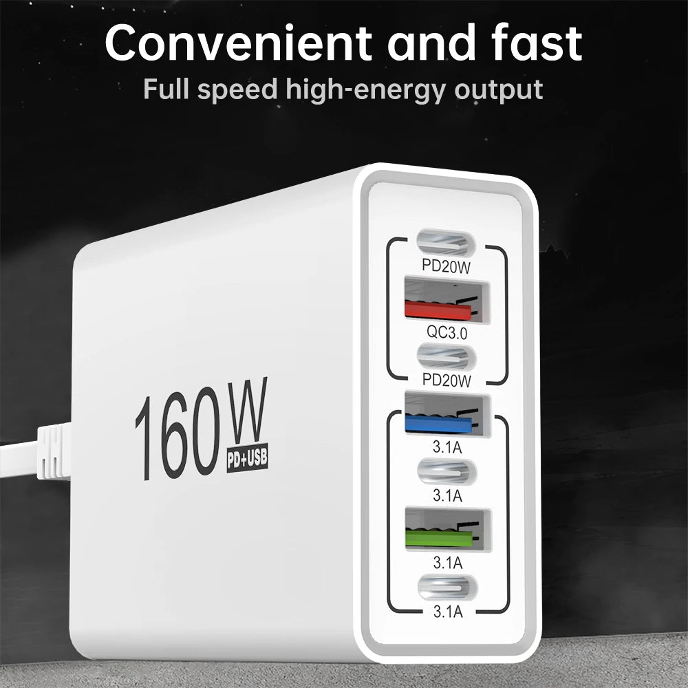 160W 6 Port USB Charger Fast Charging PD QC3.0 USB C Phone Charger USB Hub Adapter For iPhone Samsung Huawei Xiaomi Wall Charger