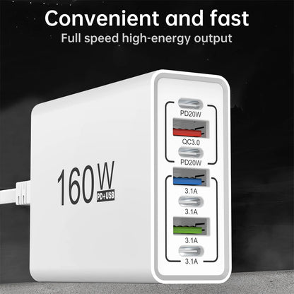 160W 6 Port USB Charger Fast Charging PD QC3.0 USB C Phone Charger USB Hub Adapter For iPhone Samsung Huawei Xiaomi Wall Charger