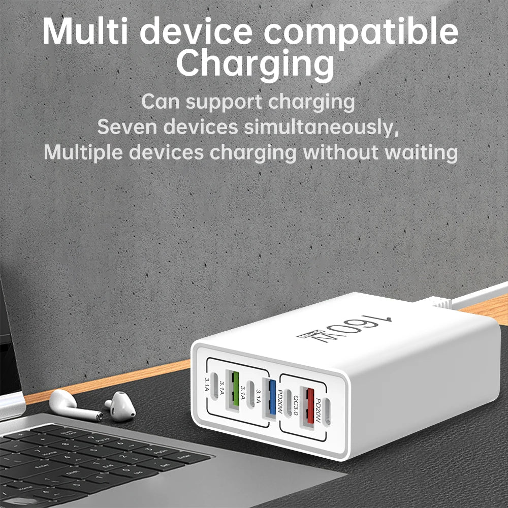 160W 6 Port USB Charger Fast Charging PD QC3.0 USB C Phone Charger USB Hub Adapter For iPhone Samsung Huawei Xiaomi Wall Charger