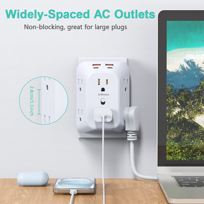 US Plug Power Strip Multitap With 6 Outlets and 2 USB-A &2 Type-c,4-Side Design Wall Charger for Home Travel Office Kitchen