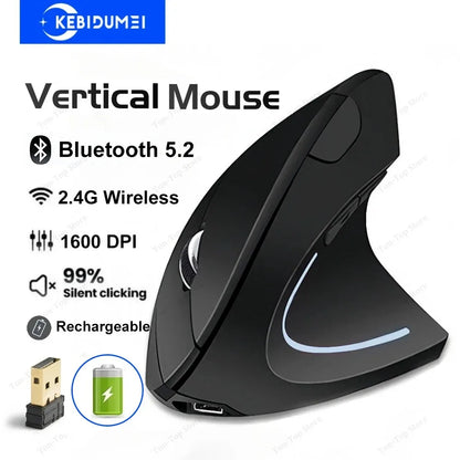 Bluetooth 5.2 Mouse 2.4G Wireless Mouse Dual Mode Vertical Mouse Rechargeable Mice Silent Mouse 1600 DPI for PC Laptop Desktop
