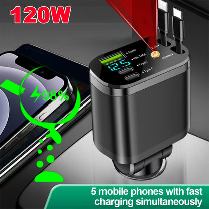 120W Car Charger 5IN1 Retractable Fast Adapter for iPhone Samsung